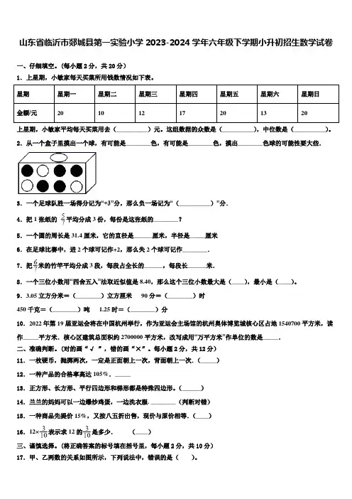 山东省临沂市郯城县第一实验小学2023-2024学年六年级下学期小升初招生数学试卷含解析