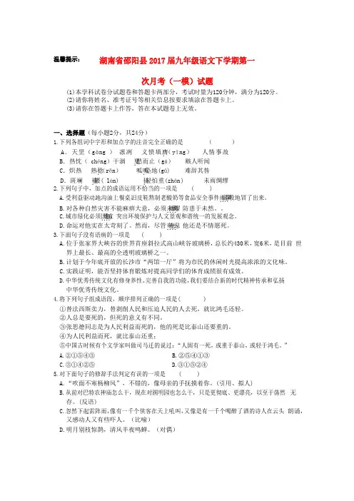 湖南省邵阳县九年级语文下学期第一次月考(一模)试题
