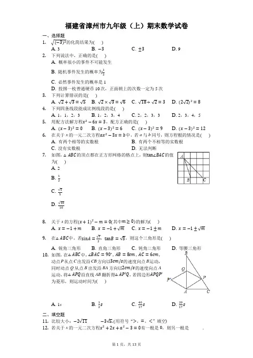 福建省漳州市九年级(上)期末数学试卷