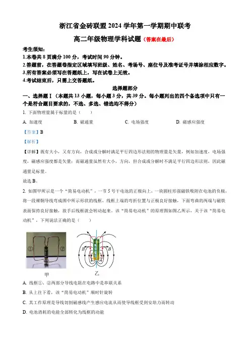 浙江省金砖联盟2024-2025学年高二上学期11月期中物理试题含答案
