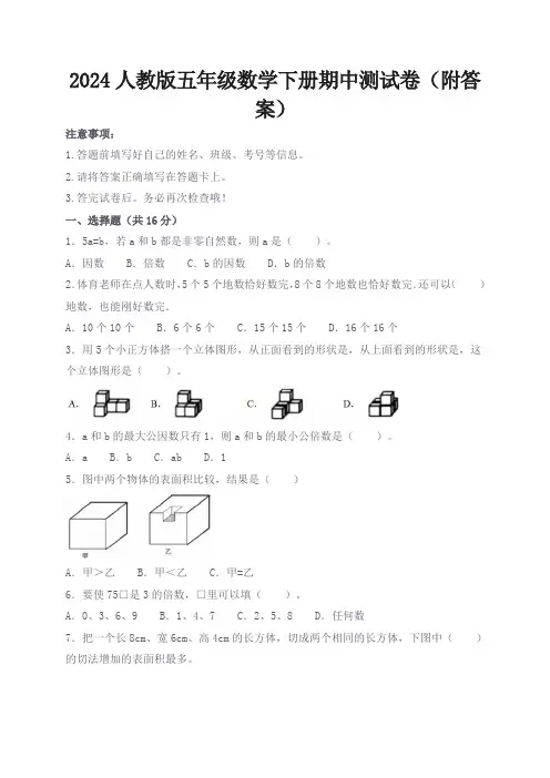 2024人教版五年级数学下册期中测试卷(附答案)