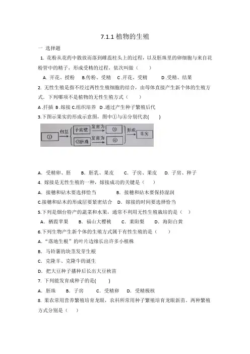 人教版八年级生物 下册 7.1.1植物的生殖 同步练习 有答案