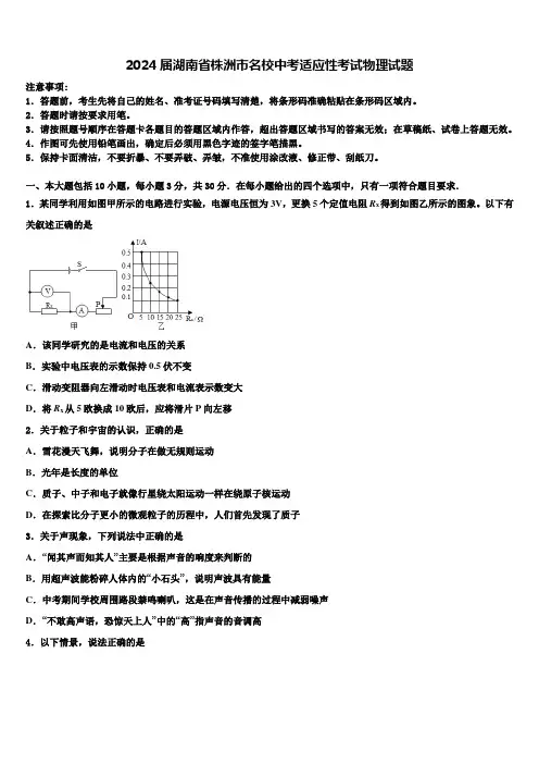 2024届湖南省株洲市名校中考适应性考试物理试题含解析