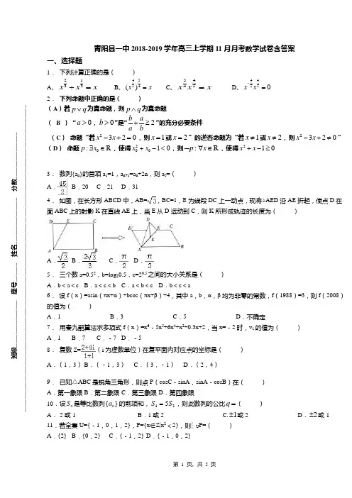 青阳县一中2018-2019学年高三上学期11月月考数学试卷含答案