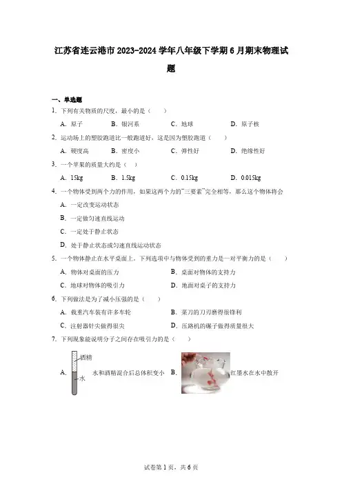 江苏省连云港市2023-2024学年八年级下学期6月期末物理试题