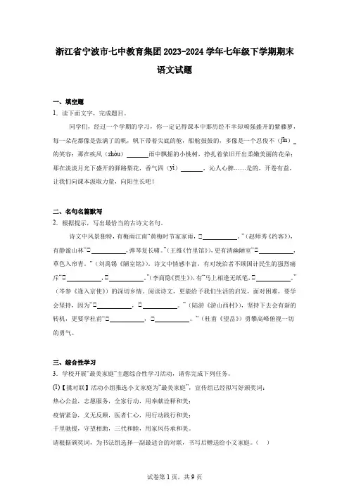 浙江省宁波市七中教育集团2023-2024学年七年级下学期期末语文试题