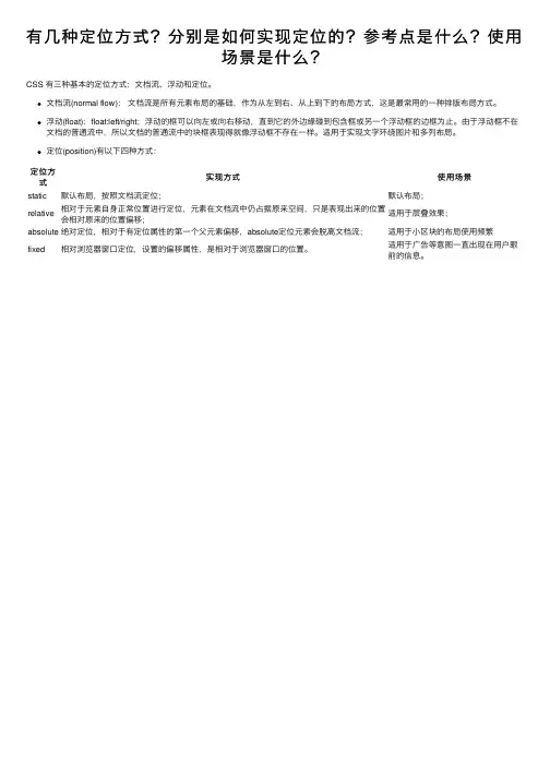 有几种定位方式？分别是如何实现定位的？参考点是什么？使用场景是什么？