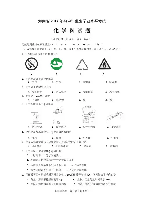 2017海南省中考化学试卷