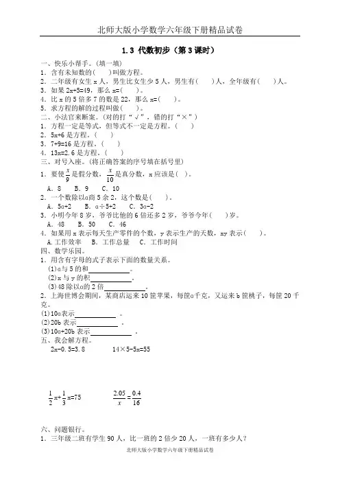 小学数学北师大版六年级下册试卷集：三 总复习数与代数2