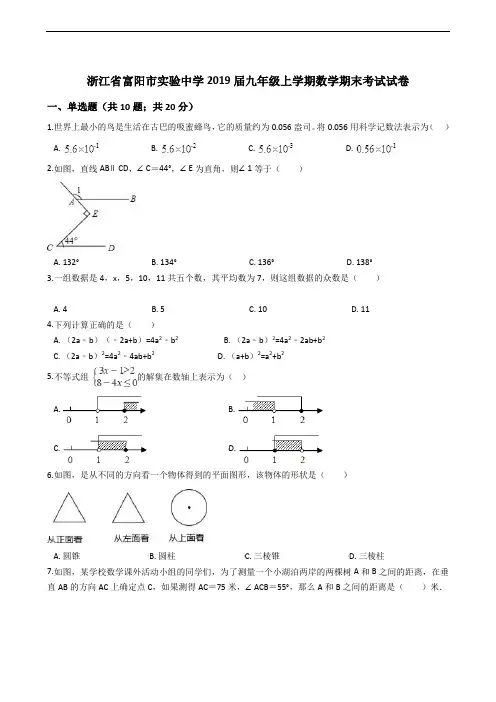 浙江省富阳市实验中学2019届九年级上学期数学期末考试试卷