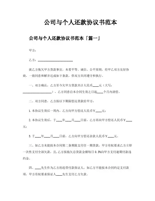 公司与个人还款协议书范本
