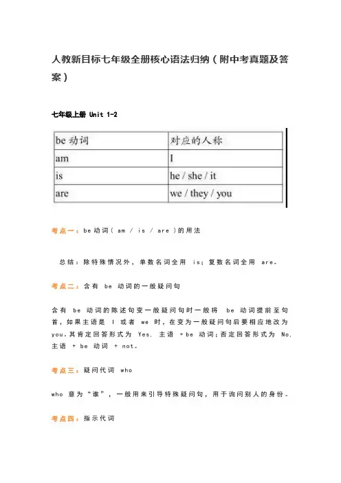 人教新目标七年级全册核心语法归纳(附中考真题及答案)