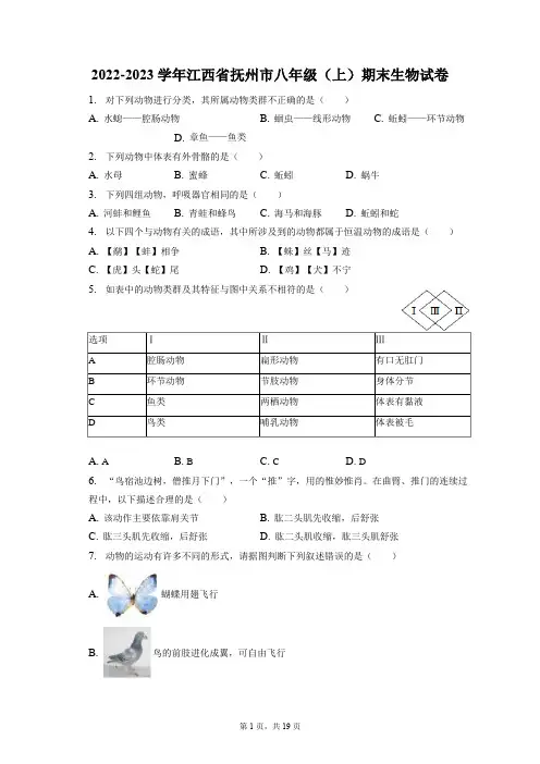 2022-2023学年江西省抚州市八年级(上)期末生物试卷(附答案详解)
