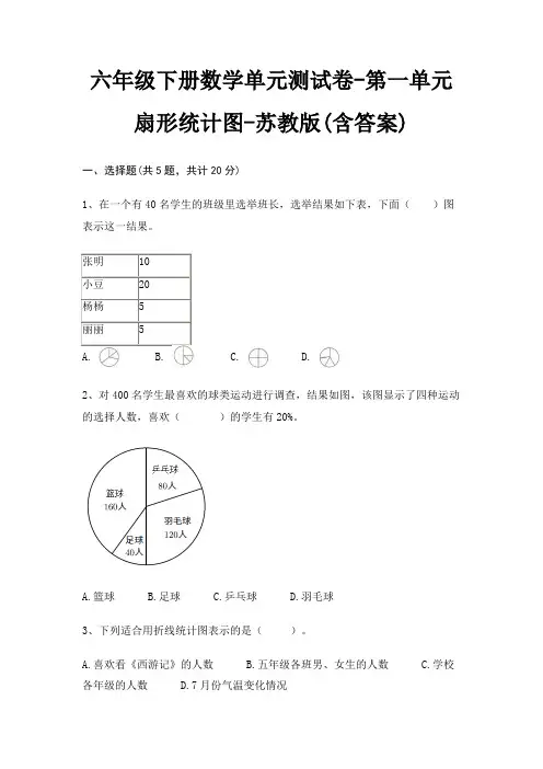 六年级下册数学单元测试卷-第一单元 扇形统计图-苏教版(含答案)