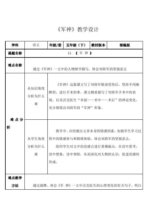 部编版五年级下册语文《军神》公开课教学设计-微课教学设计