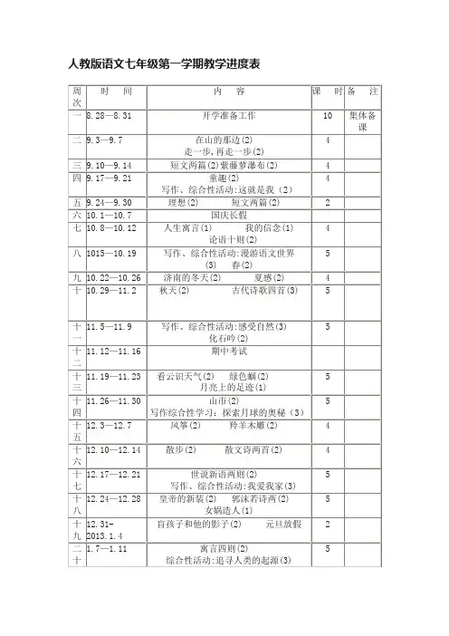 人教版语文七年级第一学期教学进度表