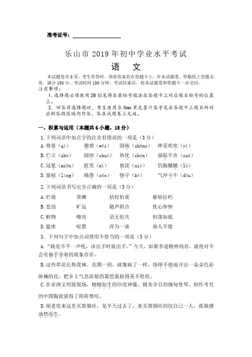 四川省乐山市2019年中考语文试题及答案