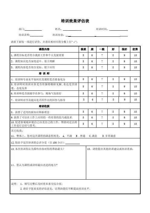 培训效果评估表(最终版)【范本模板】