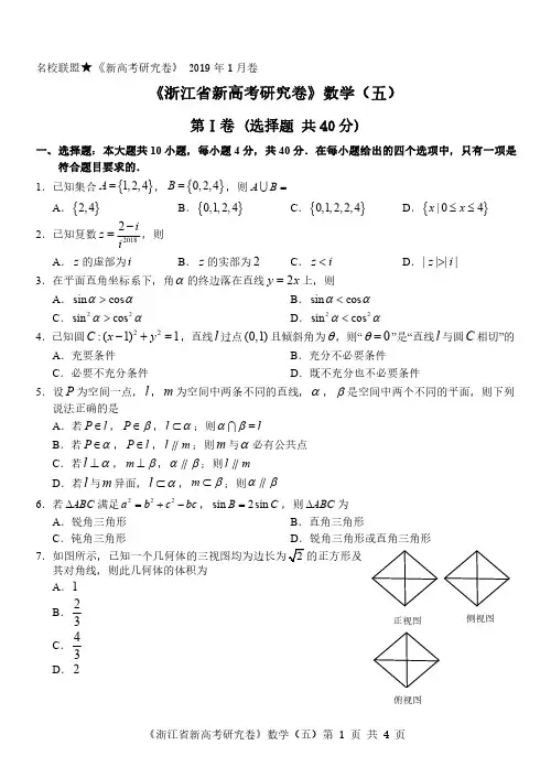 2019年1月《浙江省新高考研究卷》数学 五 试题