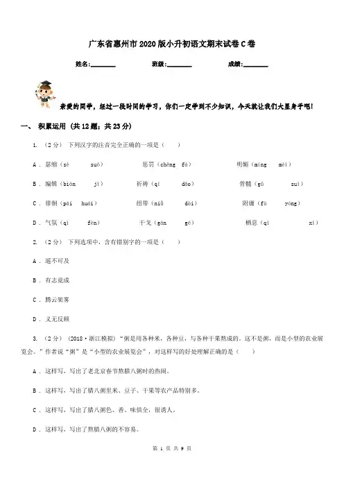 广东省惠州市2020版小升初语文期末试卷C卷