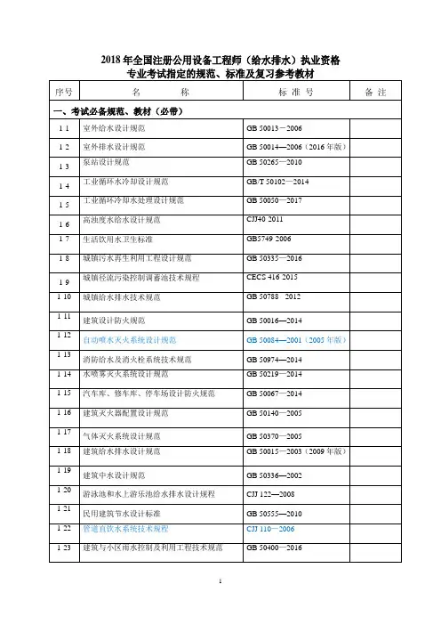 2018年度全国勘察设计注册公用设备工程师(给水排水)专业考试规范、标准、规程、技术(设计)手册目录