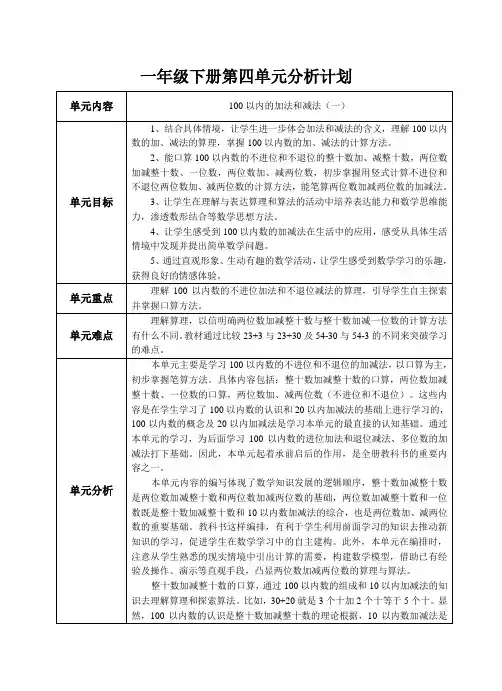 西师大版一年级下册四单元教学分析及教案