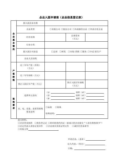 企业入园申请表(模板)