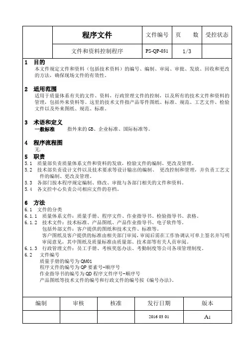PS-QP-031文件和资料控制程序