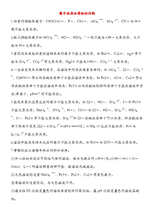 离子共存知识点归纳高中