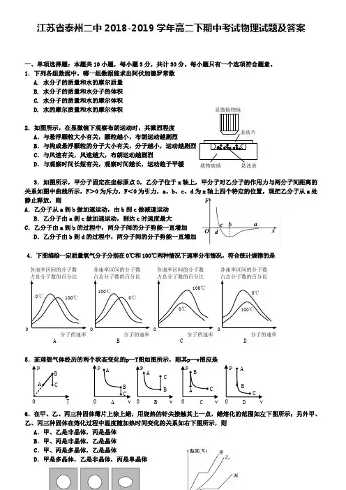 江苏省泰州二中2018-2019学年高二下期中考试物理试题及答案