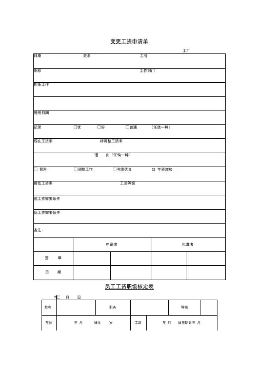 员工工作表格变更工资申请单