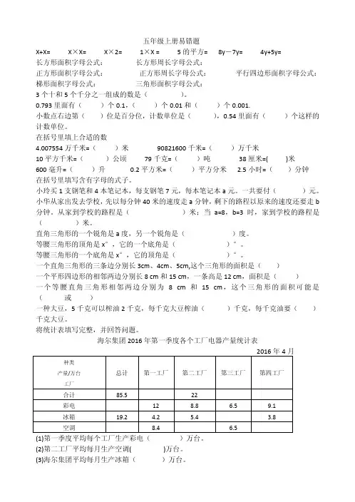 新苏教版五年级数学上册易错题