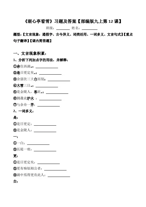 《湖心亭看雪》文言现象、翻译、简答习题及答案【部编版九上第12课】