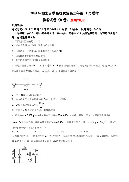 湖北省云学联盟2024-2025学年高二上学期11月期中联考物理试题含答案
