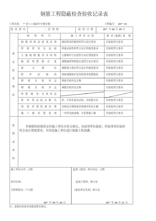 钢筋工程隐蔽检查验收记录表