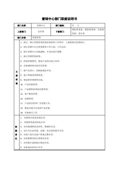 营销中心部门职能说明书