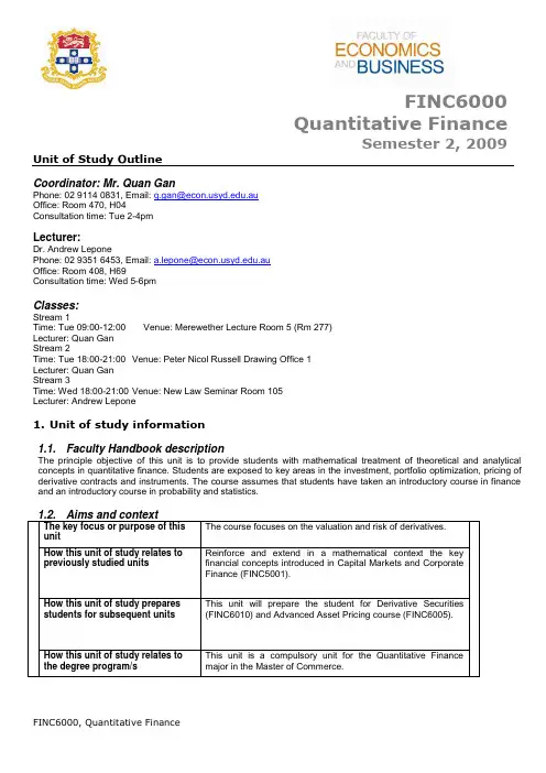 FINC6000_Quantitative Finance_2009 Semester 2_UOS_Outline_FINC6000_S2_20091