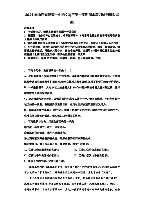 2025届山东省新泰一中语文高三第一学期期末复习检测模拟试题含解析