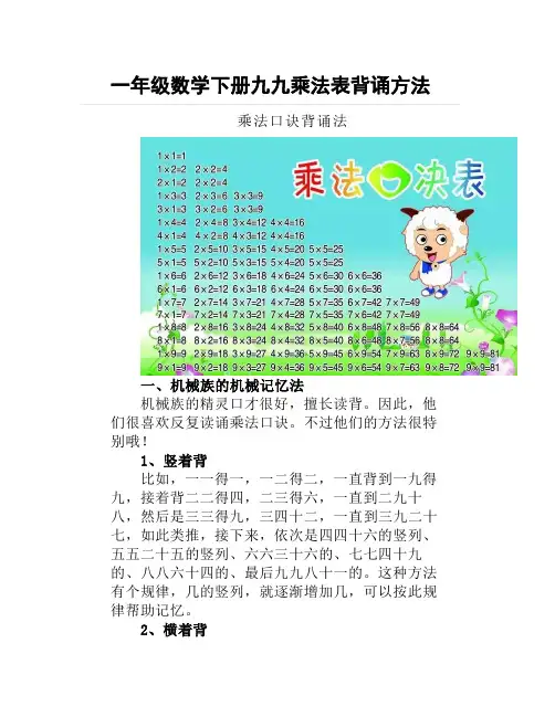 一年级数学下册九九乘法表背诵方法