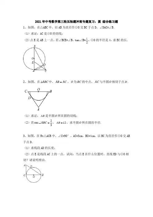 2021年九年级中考数学第三轮压轴题冲刺专题复习：圆 综合练习题(含答案)