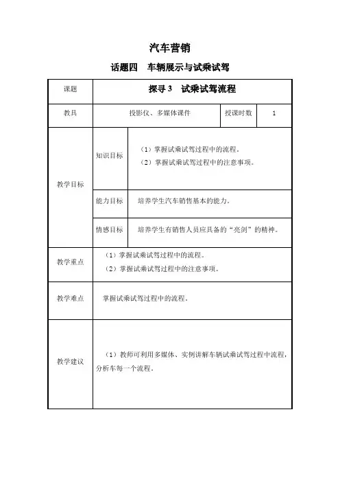 《汽车营销实务》项目二话题四8.试乘试驾流程教案