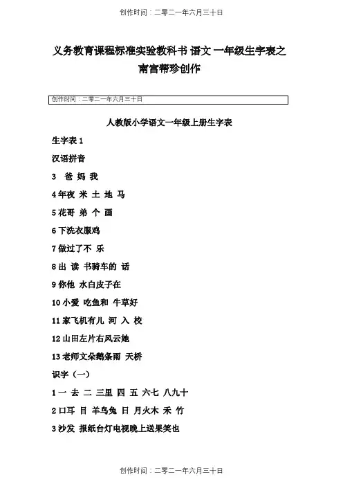 人教版小学语文一年级生字表(打印版)