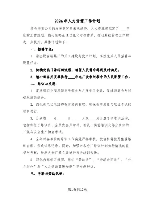 2024年人力资源工作计划（6篇）