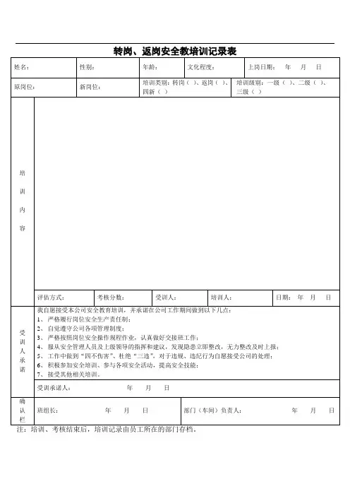 转岗、复工安全教育培训记录表