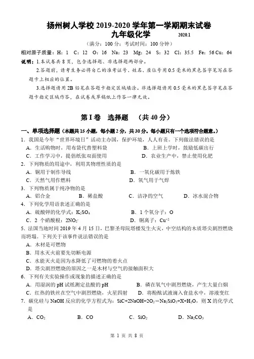 扬州树人学校2019-2020学年九年级第一学期化学期末试卷(含答案)