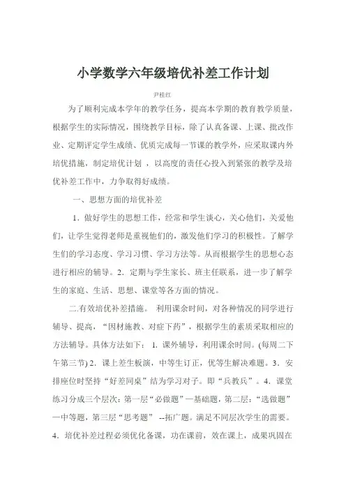 六上小学数学培优补差工作计划及记录表