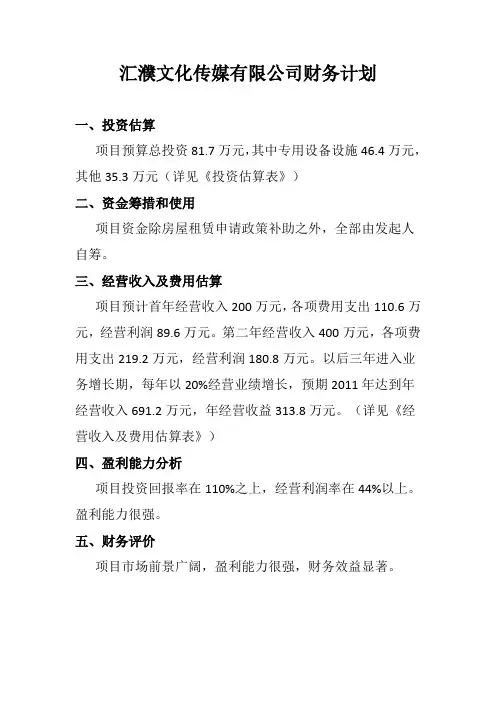 汇濮文化传媒财务计划