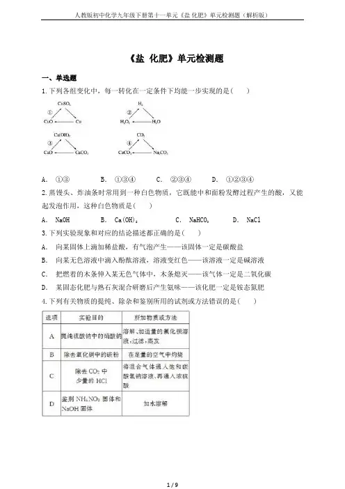 人教版初中化学九年级下册第十一单元《盐 化肥》单元检测题(解析版)
