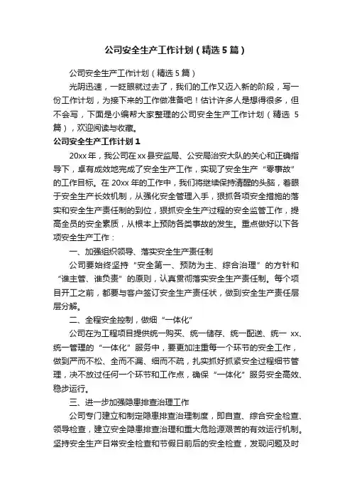 公司安全生产工作计划（精选5篇）