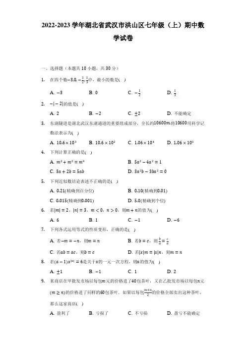 湖北省武汉市洪山区2022-2023学年七年级上学期期中考试数学试题(含答案)
